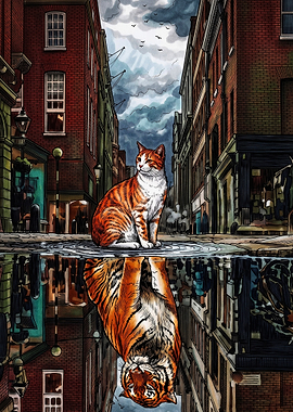 Cat with Tiger Reflection Illustration