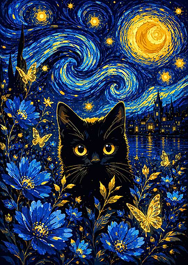 Black Cat in Starry Night Garden