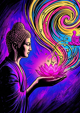 Psychedelic Buddha Holding Lotus Flower