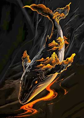 Golden Mountain Landscape Whale Art