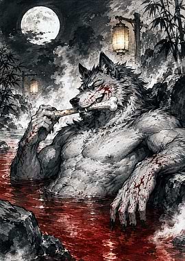 Werewolf Bathing in Blood Moonlit Night