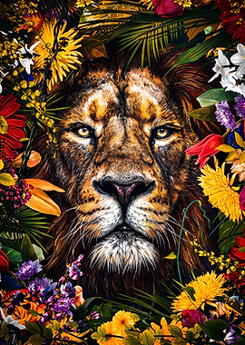 Majestic Lion Surrounded by Vibrant Flowers