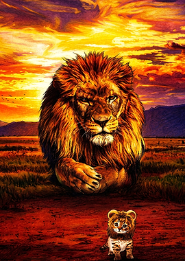 Majestic Lion and Tiny Cub