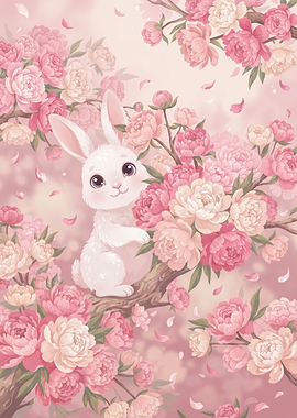 Cute White Bunny Among Pink Peonies