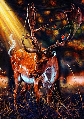 Stag with Birds in Magical Forest