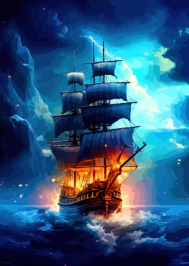 Glowing Galleon on Stormy Seas