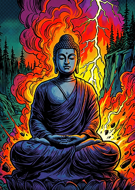 Meditating Buddha Amidst Stormy Chaos