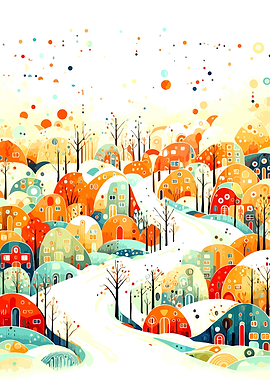 Whimsical Colorful Winter Village Illustration
