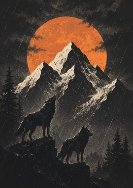 Two Wolves Howling at Orange Moon