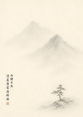 Minimalist Ink Wash Mountain Landscape