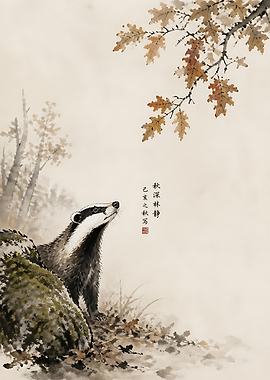 Badger in Autumn Forest Ink Painting