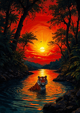 Tiger in a Fiery Sunset River