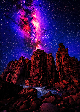 Vibrant Nebula Over Rocky Landscape