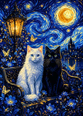 Two Cats in Starry Night Style