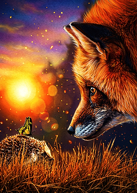 Fox and Hedgehog at Sunset