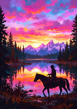 Cowboy Riding Horse at Sunset