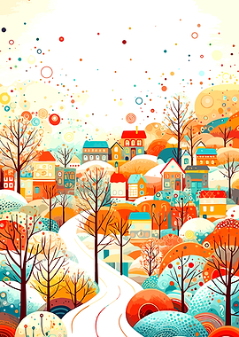 Whimsical Colorful Autumn Village Landscape