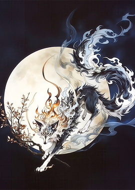 Mystical Fox Spirit Under Full Moon