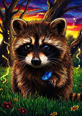 Cute Raccoon with Blue Butterfly