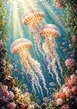 Radiant Jellyfish in Coral Reef