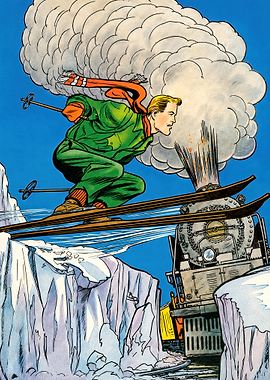 Skier Jumping Over Steam Train Track