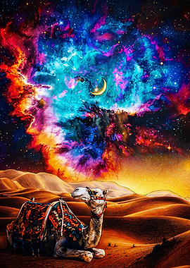 Camel Resting Under Cosmic Nebula Sky