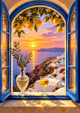 Sunset View from a Greek Window