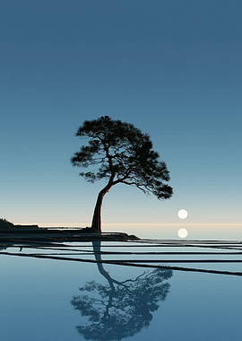 Solitary Tree Over Reflective Water