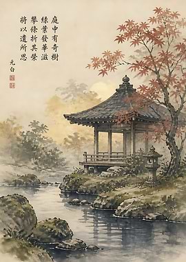 Traditional Chinese Ink Wash Pavilion Painting