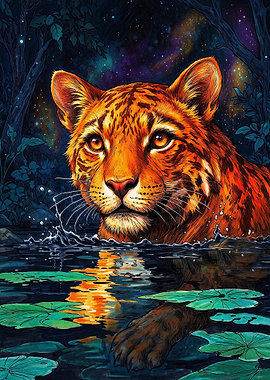 Tiger in a Magical Night Pond
