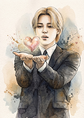 Watercolor Portrait of Jimin with Heart
