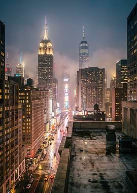 Foggy New York City Skyline at Night