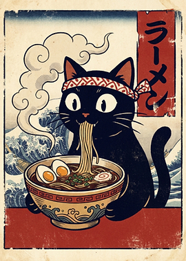 Black Cat Eating Ramen Ukiyo-e Style
