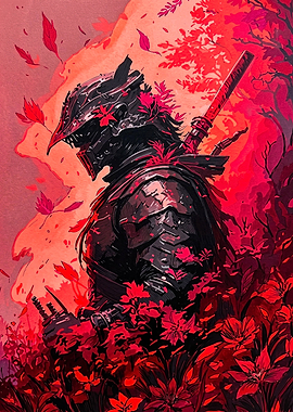 Dark Samurai in Red Floral Field