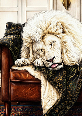 Sleeping White Lion on Leather Chair