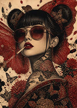 Stylish Geisha with Butterfly Tattoos