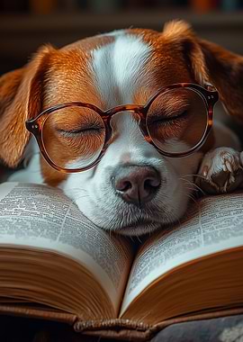 Sleeping Puppy Reading a Book