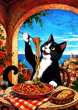 Cat Eating Spaghetti in Italy