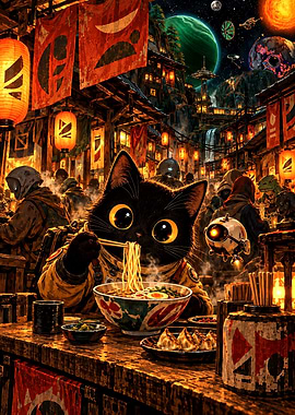 Cyberpunk Cat Eating Ramen in Space
