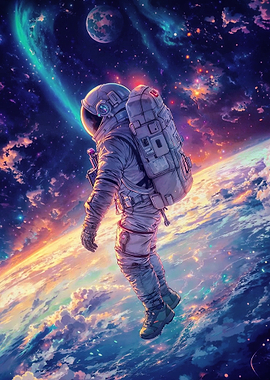 Astronaut Floating Above Vibrant Planet