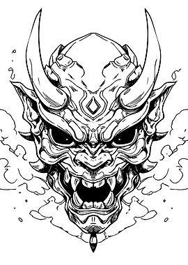 Japanese Oni Demon Mask Line Art