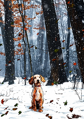 Puppy in a Snowy Autumn Forest