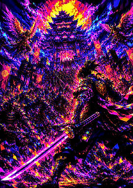 Neon Samurai Army Before Temple