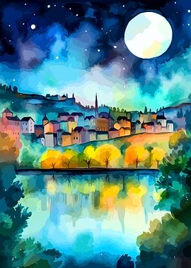 Whimsical Nighttime Village by the Lake