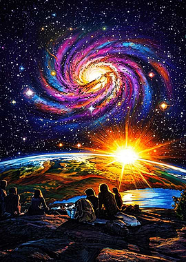 People Watching Cosmic Sunrise Over Earth