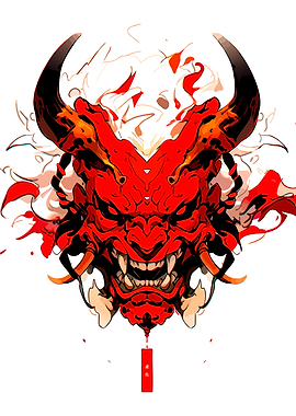 Vibrant Red Japanese Oni Mask
