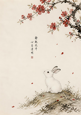 White Rabbit Under Flowering Branch