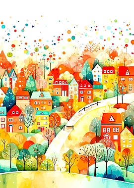 Whimsical Colorful Autumn Village Illustration