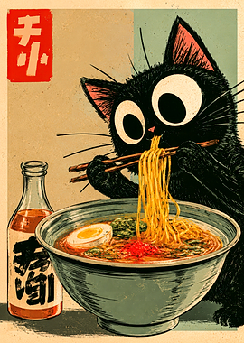 Black Cat Eating Ramen Illustration