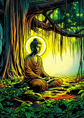 Buddha Meditating Under Bodhi Tree